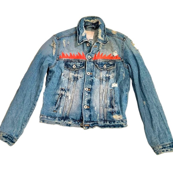 RARE ZARA Denim Jacket White Dog Unique Graffiti Art Painting Graphic Trafaluc M - Picture 6 of 10